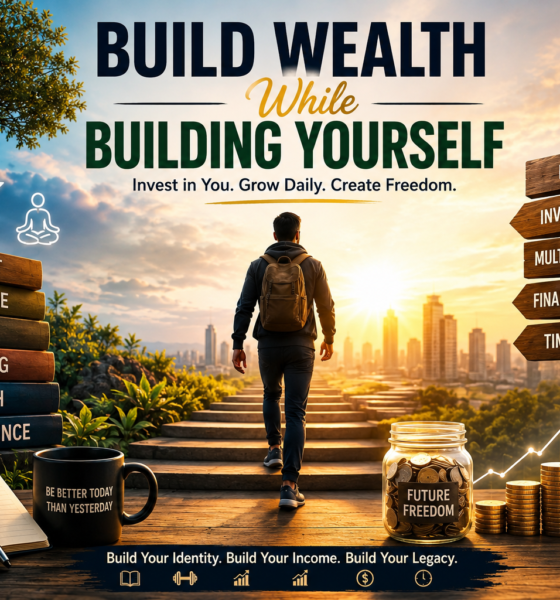 Build wealth while building yourself visual with mindset growth, income streams, investments, and personal success.