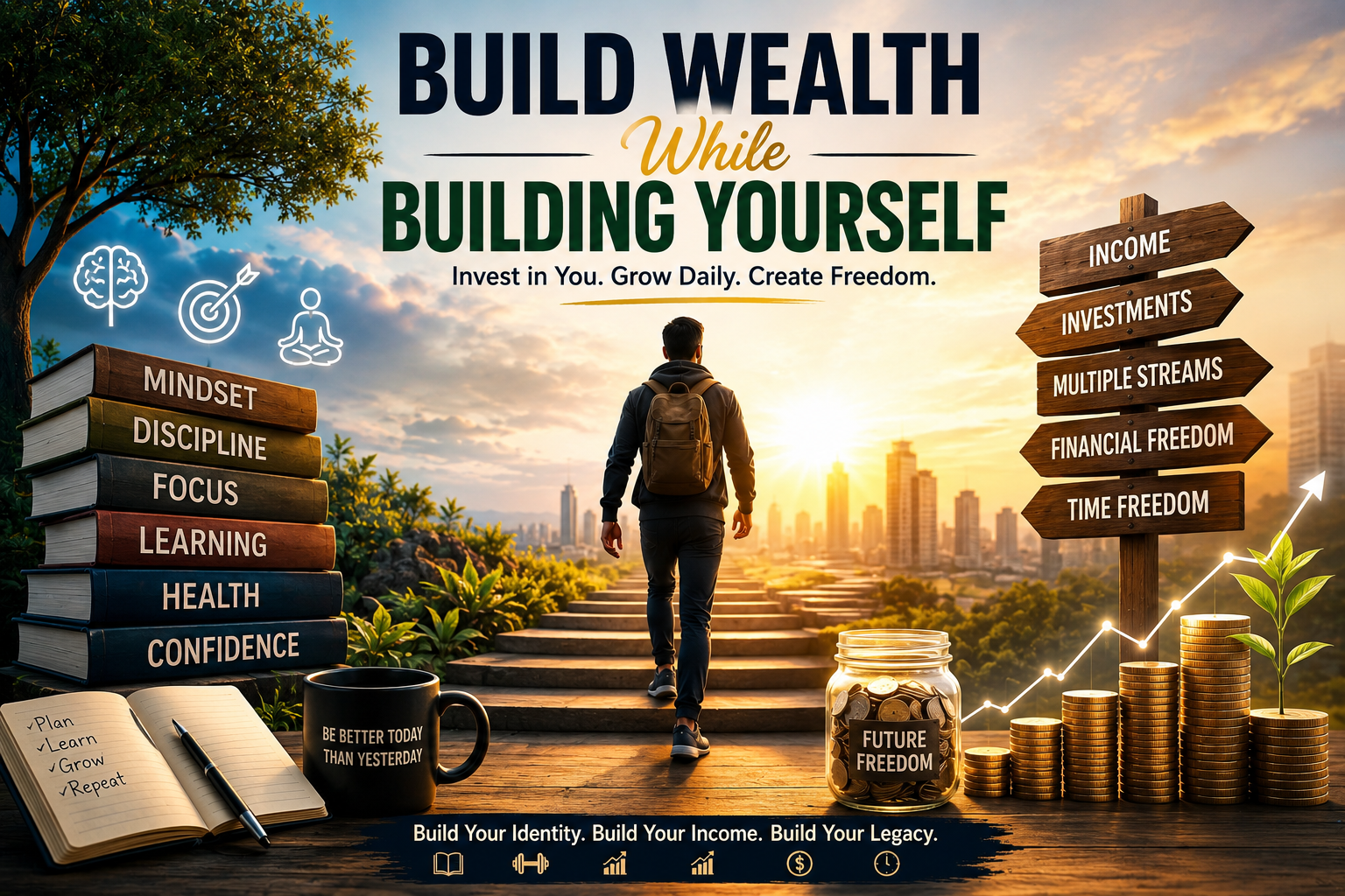 Build wealth while building yourself visual with mindset growth, income streams, investments, and personal success.