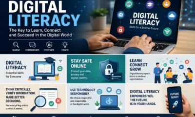 Digital Literacy banner showing a laptop, digital icons, and modern workspace representing essential digital skills.