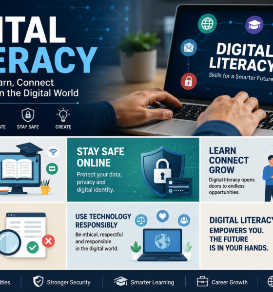 Digital Literacy banner showing a laptop, digital icons, and modern workspace representing essential digital skills.