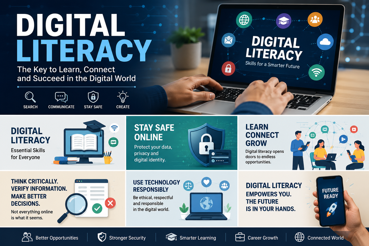 Digital Literacy banner showing a laptop, digital icons, and modern workspace representing essential digital skills.