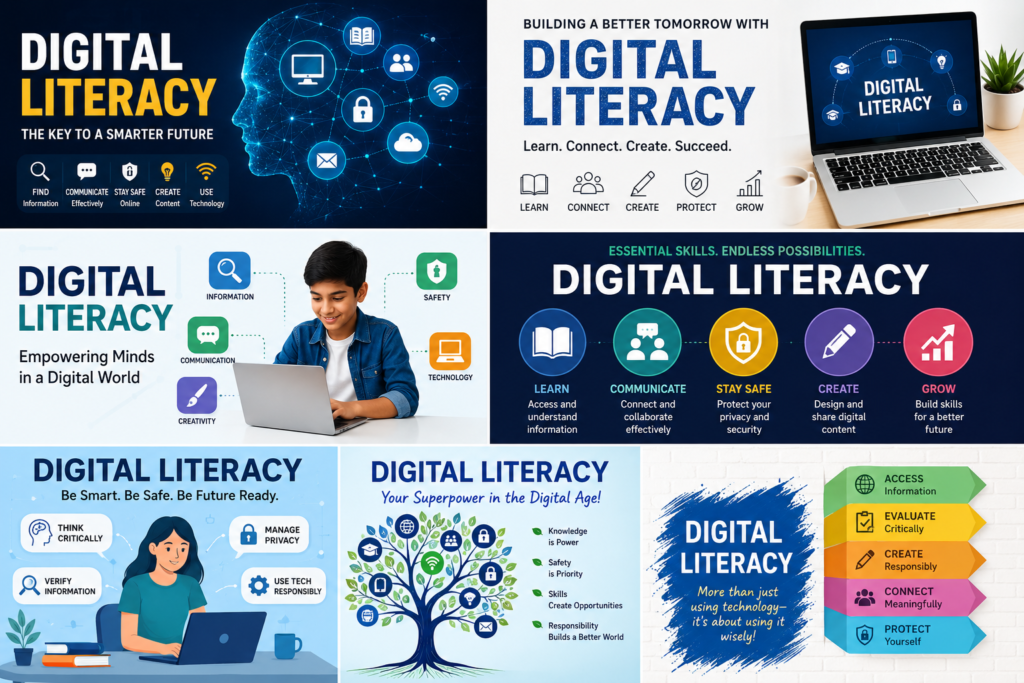 Digital Literacy concept with laptop, notebook, and technology icons promoting digital skills and online safety.