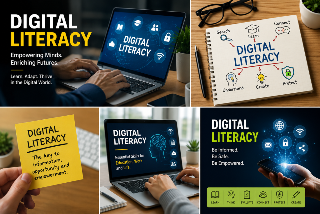 Digital Literacy infographic highlighting communication, cybersecurity, creativity, and critical thinking.