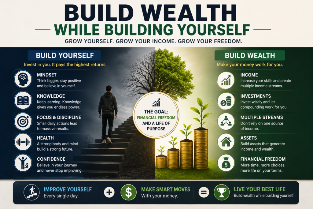 Build wealth while building yourself infographic with self-growth steps, financial freedom goals, and personal development.