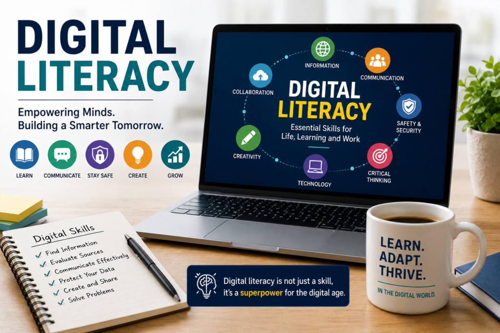 Digital Literacy workspace with laptop and digital skills illustration for future-ready learning.