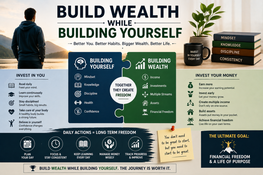Build wealth while building yourself infographic showing the connection between self-development, daily habits, mindset, investing, and achieving financial freedom.